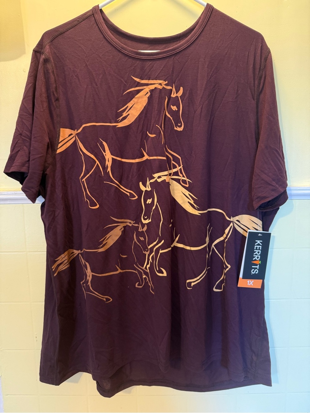 Kerrits Burgundy Short Sleeve Tee with Tan Horse Print